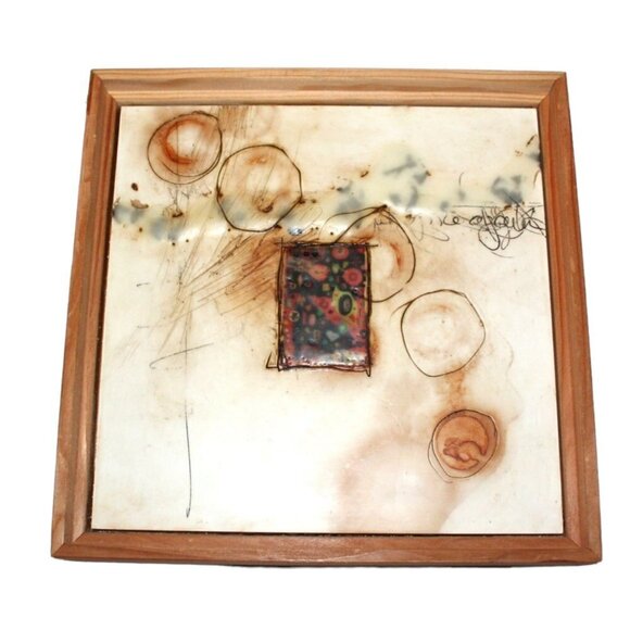 Original wax abstract mixed media frame Collage art work Sagebrush 9"x 9" signed - Picture 1 of 10